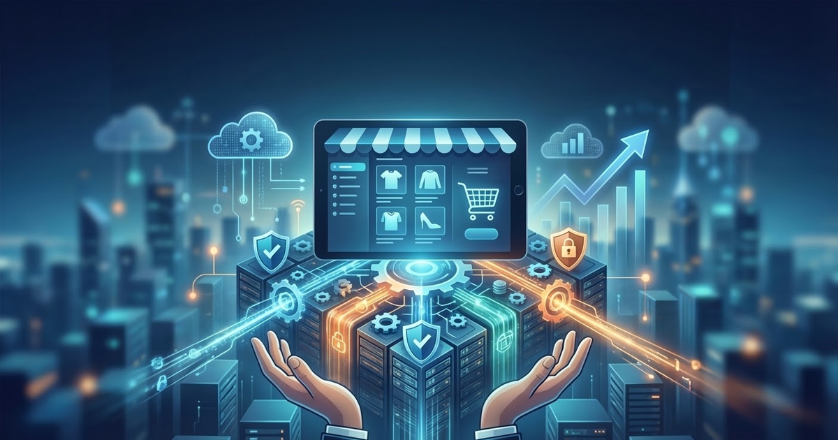 concept securitate website cu lacat digital si servere cloud reprezentand mentenanta unui magazin online